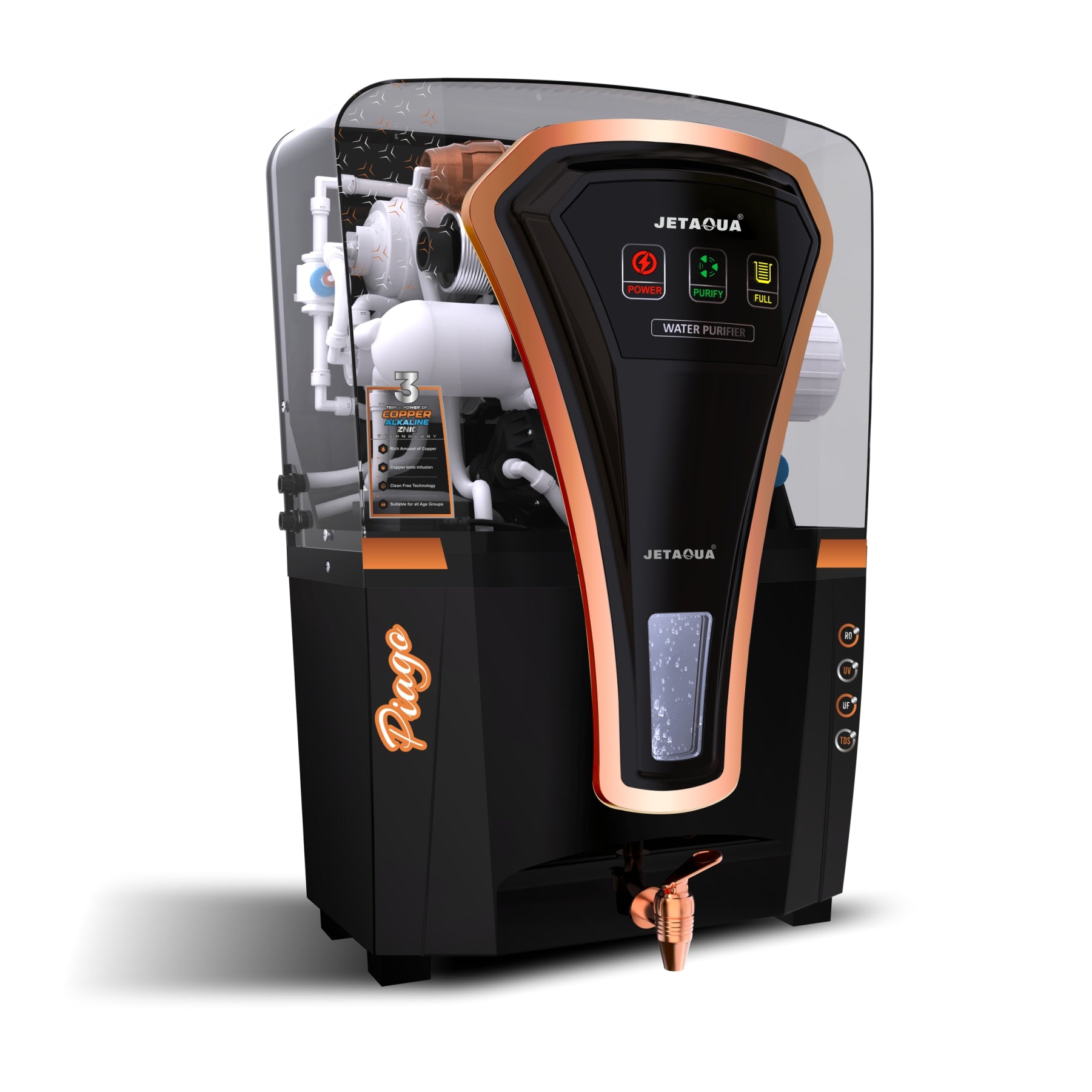 JetAqua Piago RO + UV + UF + Copper + Zinc Alkaline Water Purifier (10 L) – Wall Mount / Countertop | Digital Indicators | 90 – 95 % TDS Purification