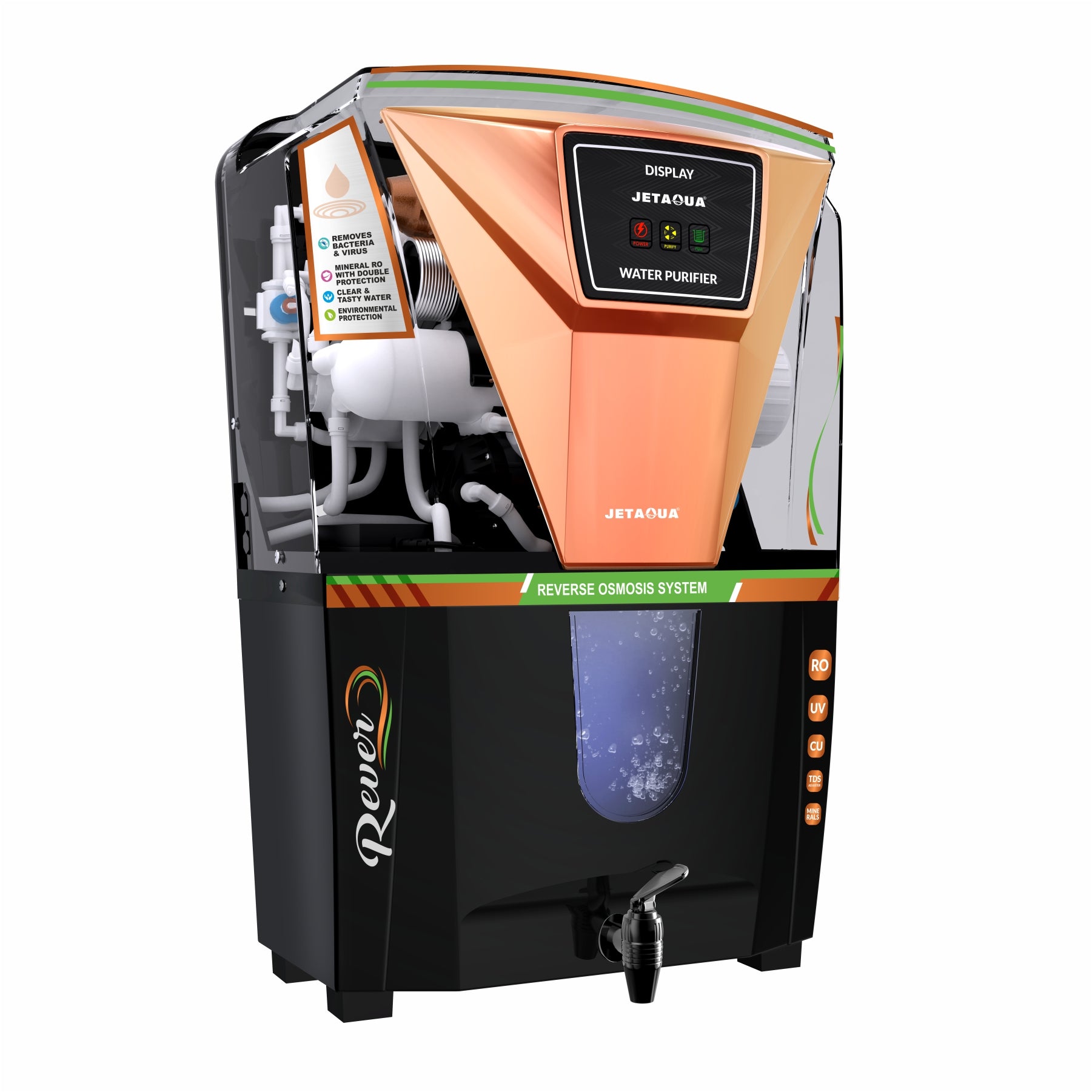 JetAqua Rever RO + UV + UF + Copper + Zinc Alkaline Water Purifier (10 L) – Wall Mount / Countertop | 90–95 % TDS Purification | Digital Display