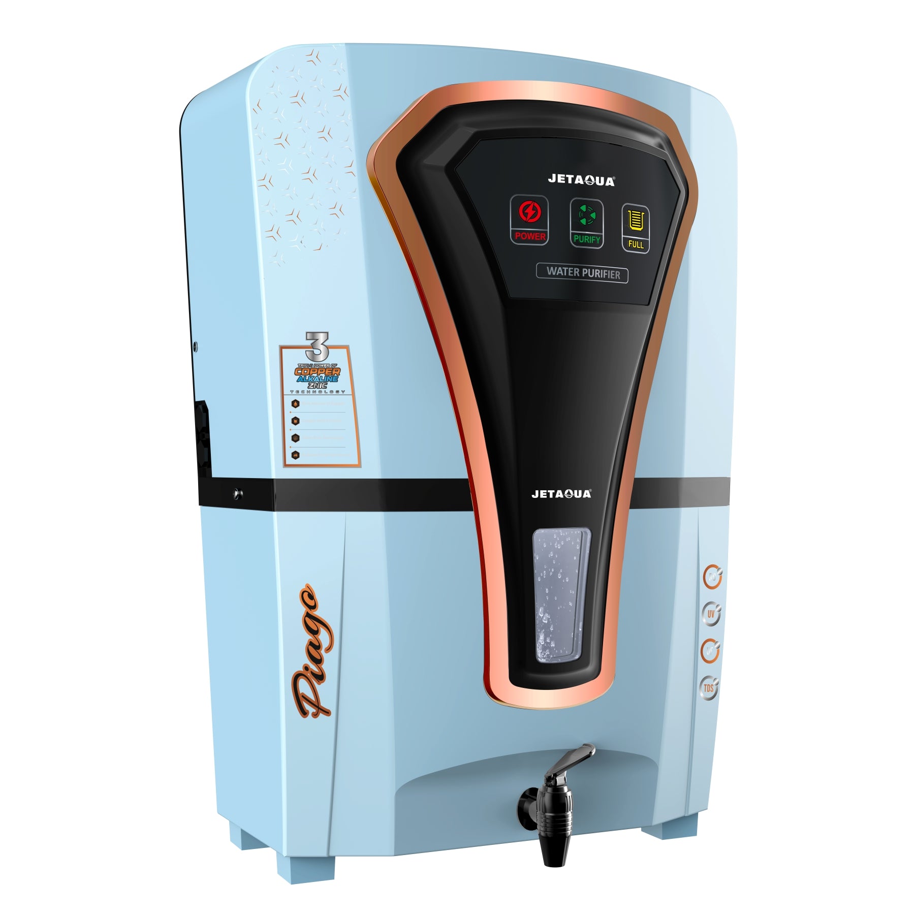 JetAqua Piago RO + UV + UF + Copper + Zinc Alkaline Water Purifier (10 L) – Wall Mount / Countertop | Digital Indicators | 90 – 95 % TDS Purification