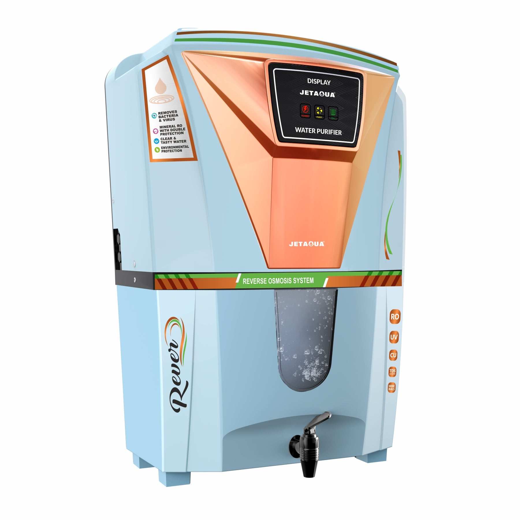 JetAqua Rever RO + UV + UF + Copper + Zinc Alkaline Water Purifier (10 L) – Wall Mount / Countertop | 90–95 % TDS Purification | Digital Display