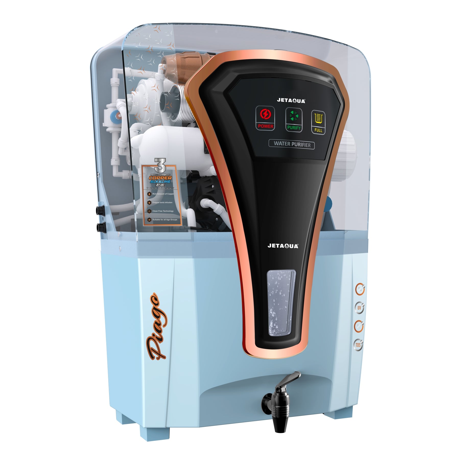 JetAqua Piago RO + UV + UF + Copper + Zinc Alkaline Water Purifier (10 L) – Wall Mount / Countertop | Digital Indicators | 90 – 95 % TDS Purification