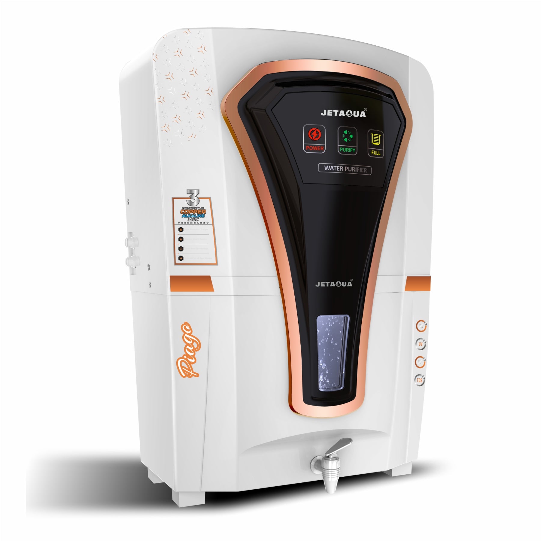 JetAqua Piago RO + UV + UF + Copper + Zinc Alkaline Water Purifier (10 L) – Wall Mount / Countertop | Digital Indicators | 90 – 95 % TDS Purification