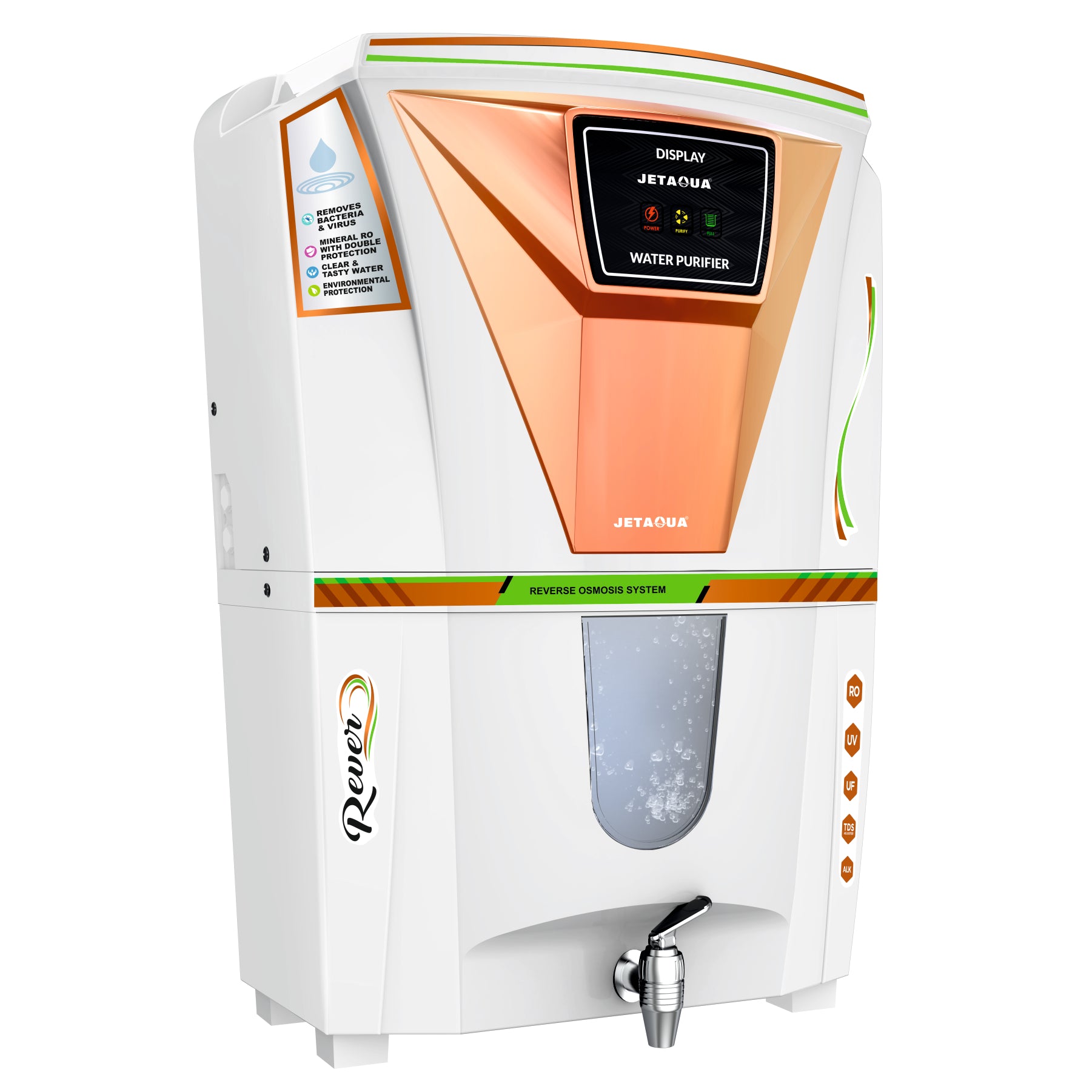 JetAqua Rever RO + UV + UF + Copper + Zinc Alkaline Water Purifier (10 L) – Wall Mount / Countertop | 90–95 % TDS Purification | Digital Display