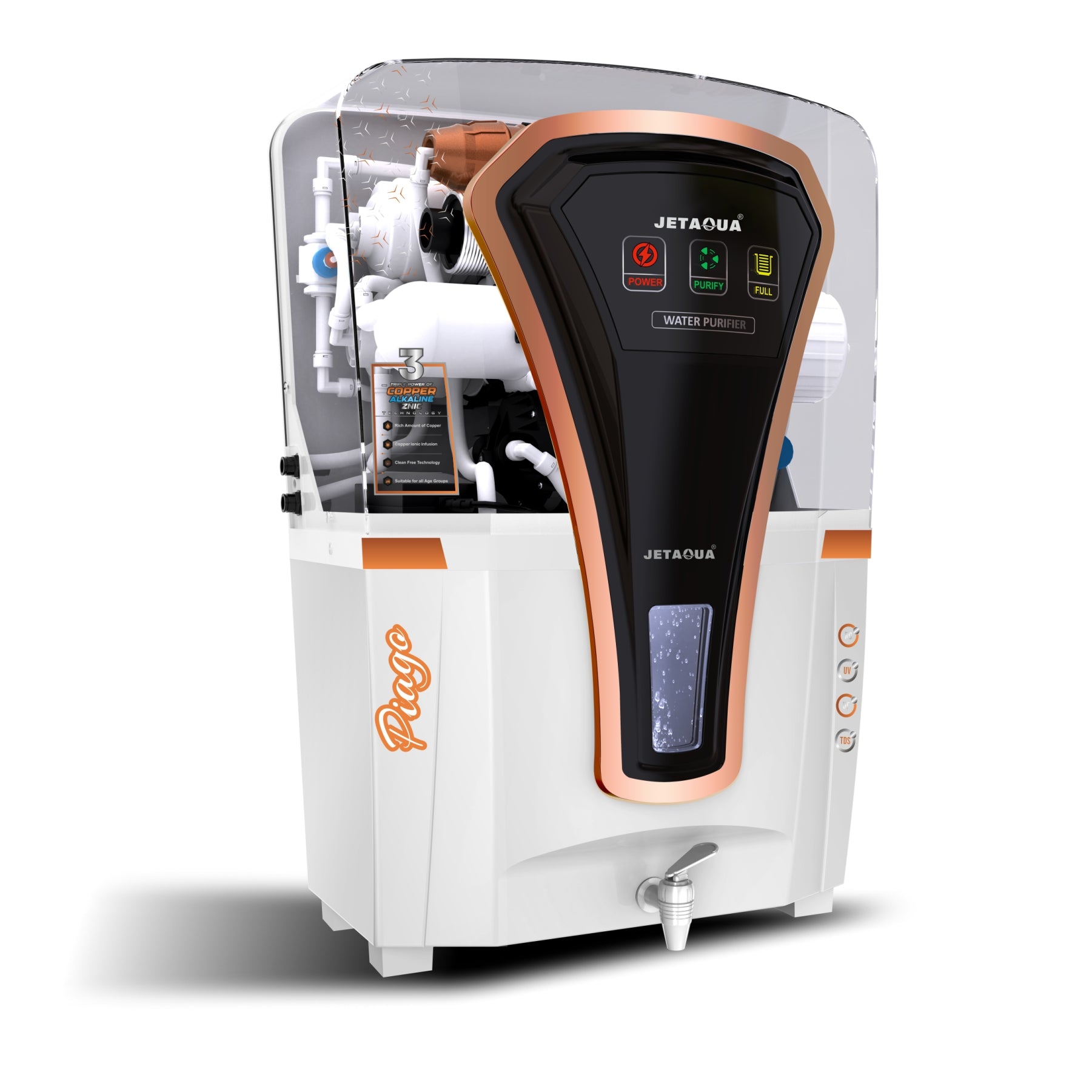 JetAqua Piago RO + UV + UF + Copper + Zinc Alkaline Water Purifier (10 L) – Wall Mount / Countertop | Digital Indicators | 90 – 95 % TDS Purification